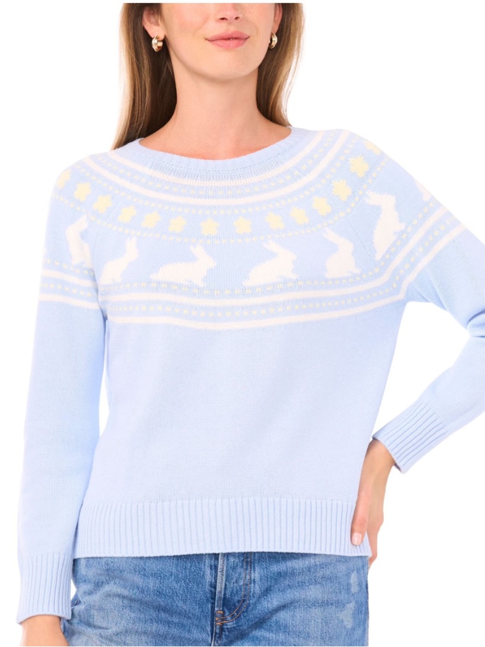 Vince Camuto Light Blue Nordic Bunny Crewneck Sweater